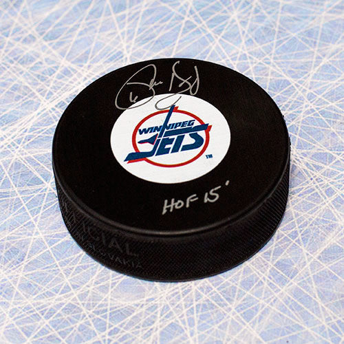 Phil Housley Winnipeg Jets Autographed Retro Hockey Puck with HOF Inscription | AJ Sports.