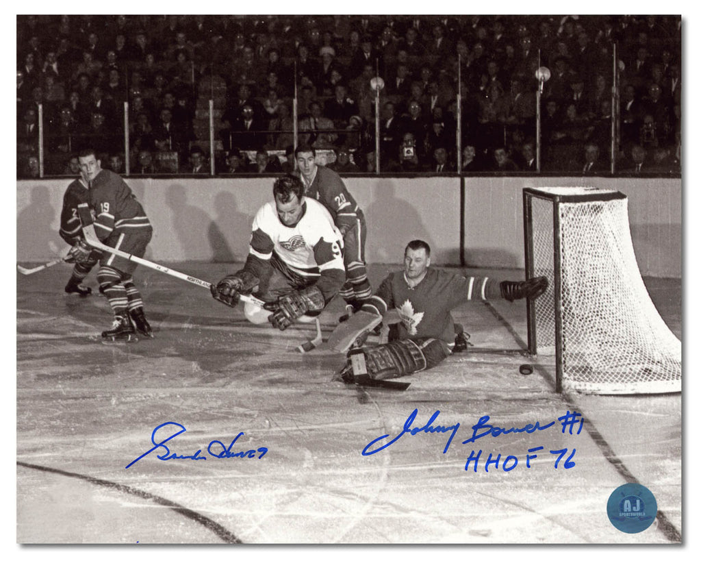 Gordie Howe vs Johnny Bower Dual Signed Original Six Hockey Legends 8x10 Photo | AJ Sports.