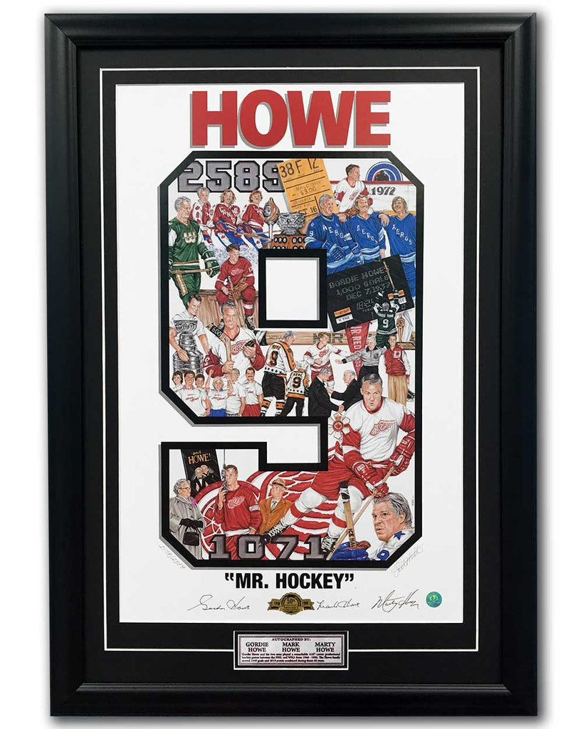 Gordie, Mark and Marty Howe Family Signed Mr Hockey Art Collage 23x33 Frame | AJ Sports.
