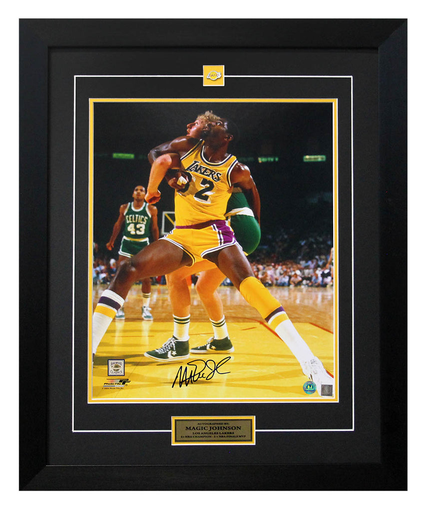 Magic Johnson Los Angeles Lakers Autographed Battle vs Larry Bird 26x32 Frame | AJ Sports.