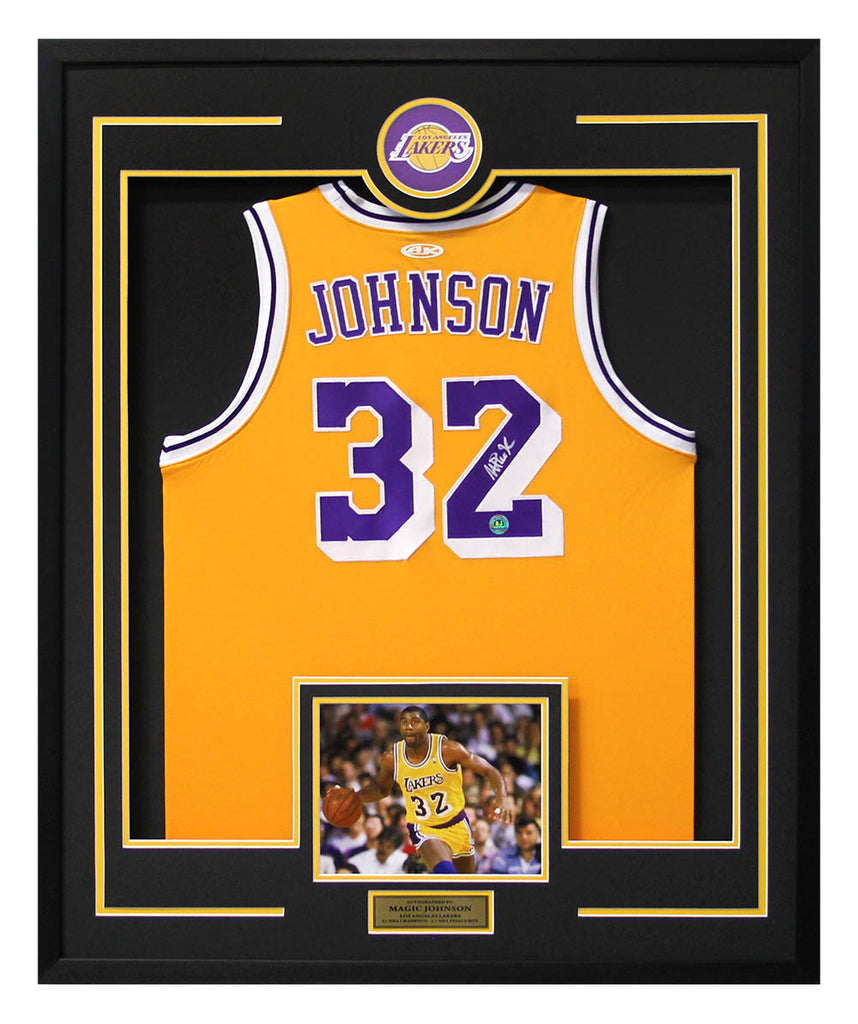 Magic Johnson Los Angeles Lakers Autographed 30x34 Framed Jersey Display | AJ Sports.