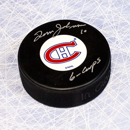 Tom Johnson Montreal Canadiens Autographed Hockey Puck with 6 Cups Inscription | AJ Sports.