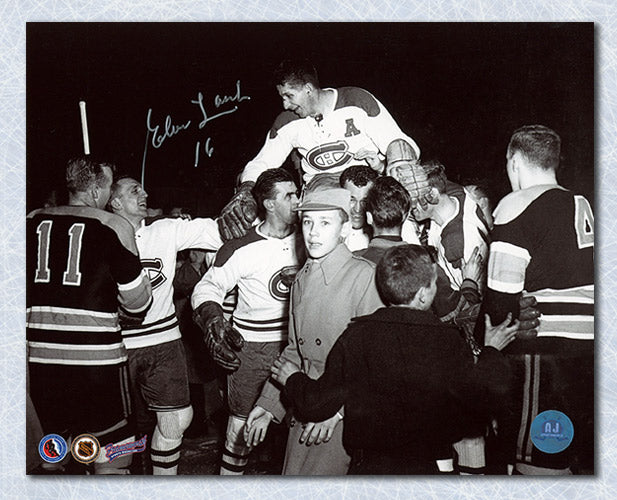 Elmer Lach Montreal Canadiens Autographed Carry Off Celebration 8x10 Photo | AJ Sports.