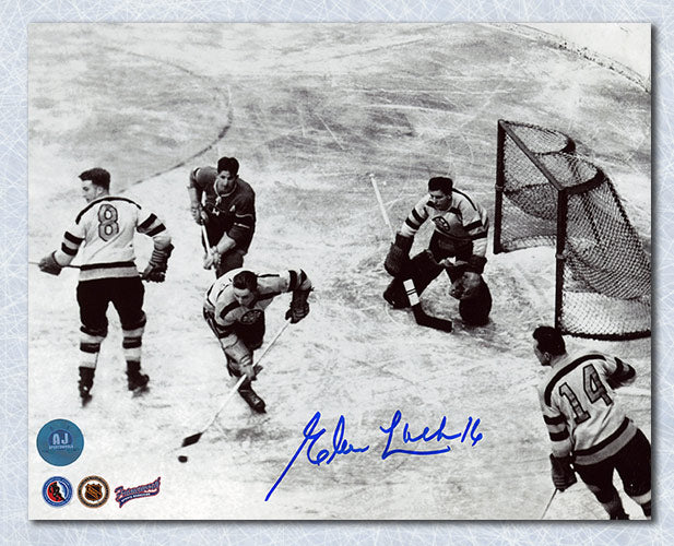 Elmer Lach Montreal Canadiens Autographed Vintage Action vs Boston 8x10 Photo | AJ Sports.