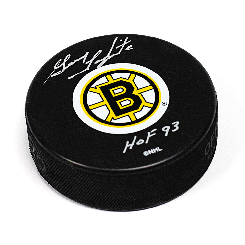 Guy Lapointe Boston Bruins Autographed Hockey Puck with HOF Inscription | AJ Sports.
