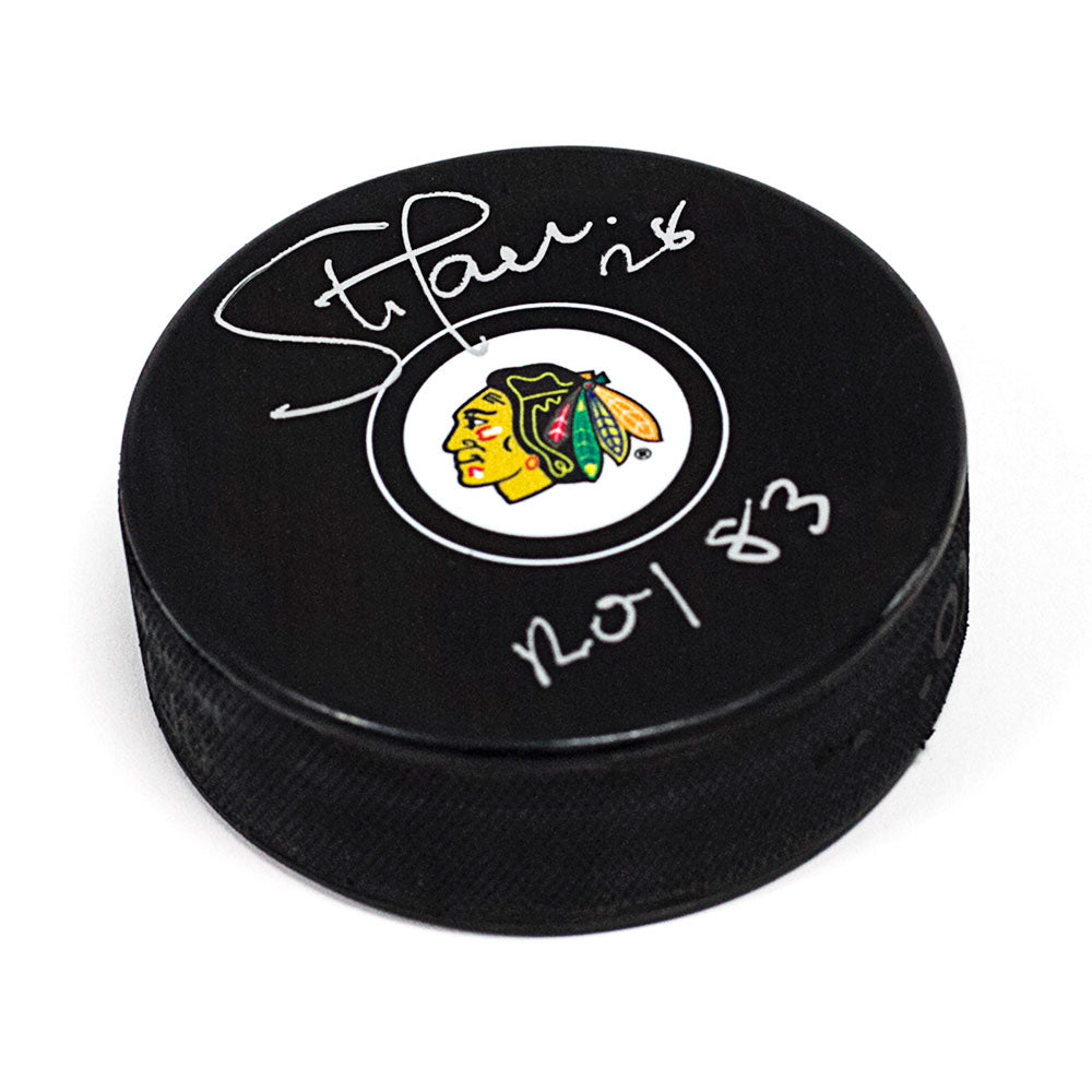 Steve Larmer Chicago Blackhawks Autographed Hockey Puck with ROY 83 Note | AJ Sports.