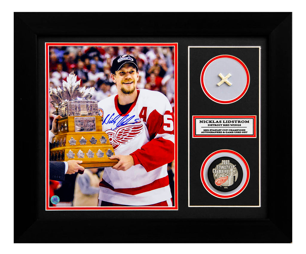 Nicklas Lidstrom Red Wings 2002 Stanley Cup Signed & Game Used Net 20x24 Frame | AJ Sports.