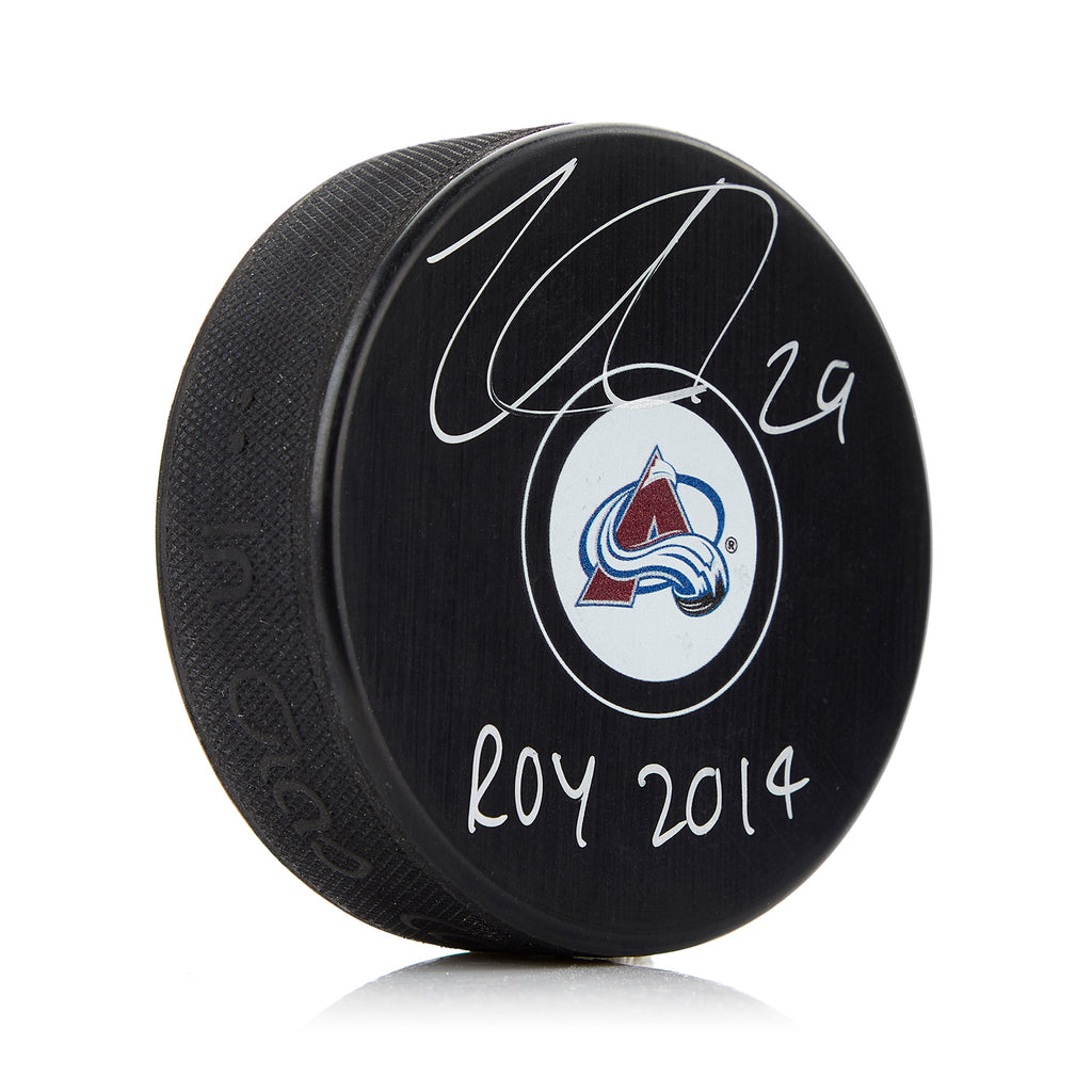 Nathan MacKinnon Colorado Avalanche Signed Puck with ROY Note | AJ Sports.