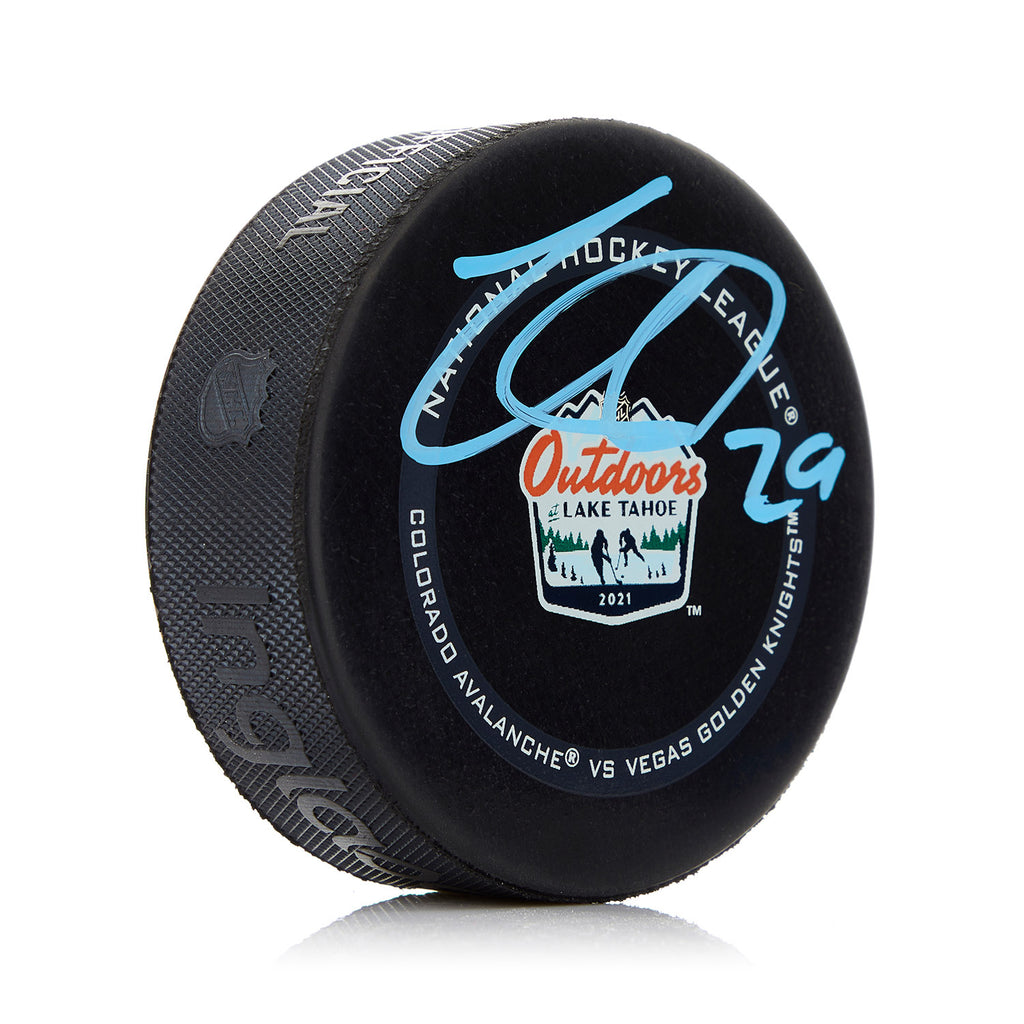 Nathan MacKinnon Lake Tahoe Outdoor Signed Official Game Puck | AJ Sports.