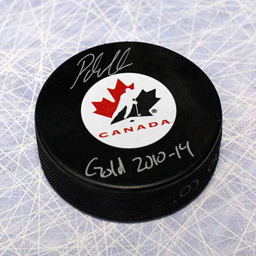 Patrick Marleau Team Canada Signed Olympic Puck with 2x Gold Inscription | AJ Sports.