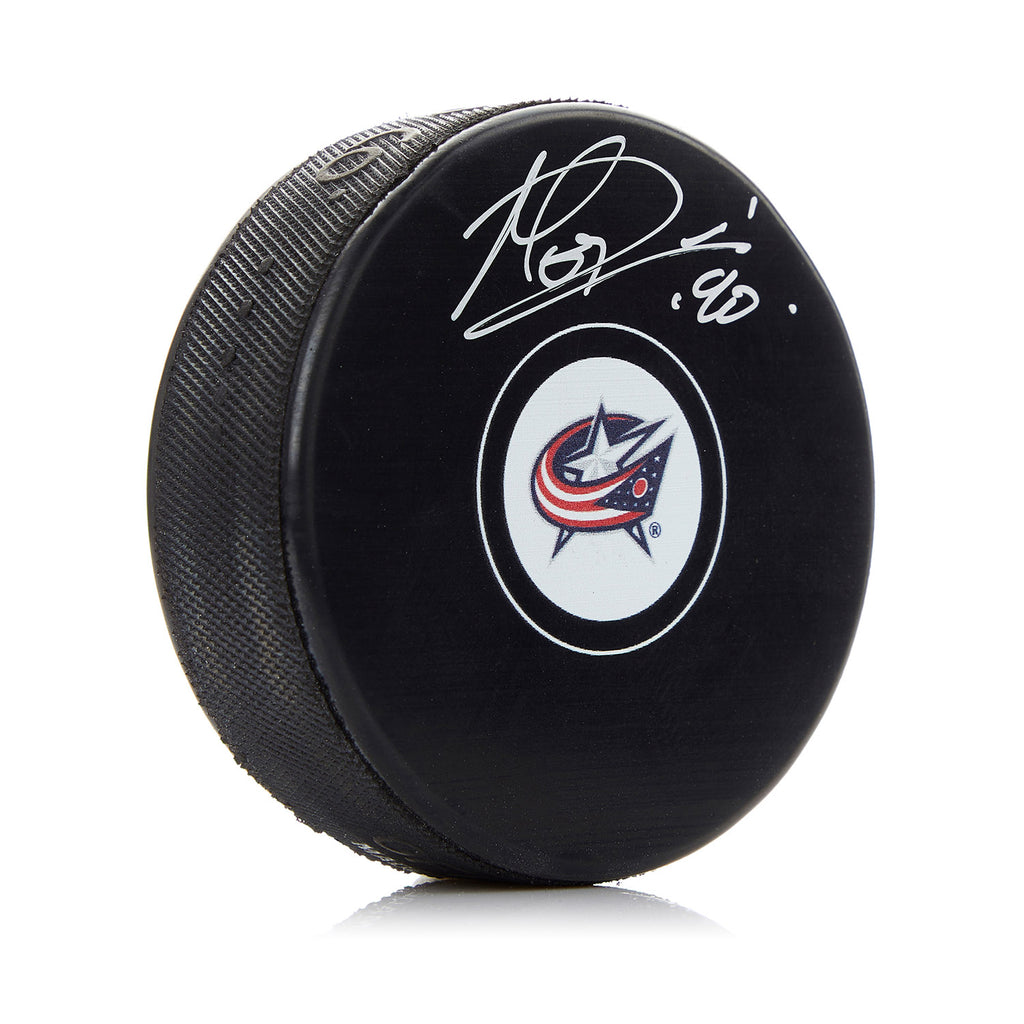 Elvis Merzlikins Columbus Blue Jackets Autographed Hockey Puck | AJ Sports.