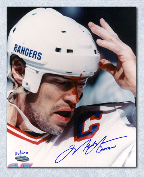 Mark Messier New York Rangers Signed Bloody 8x10 Photo with Captain Note | AJ Sports.