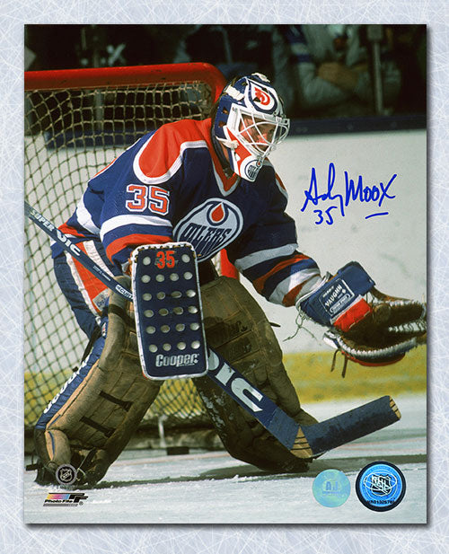Andy Moog Edmonton Oilers Autographed Goal Mask 8x10 Photo | AJ Sports.