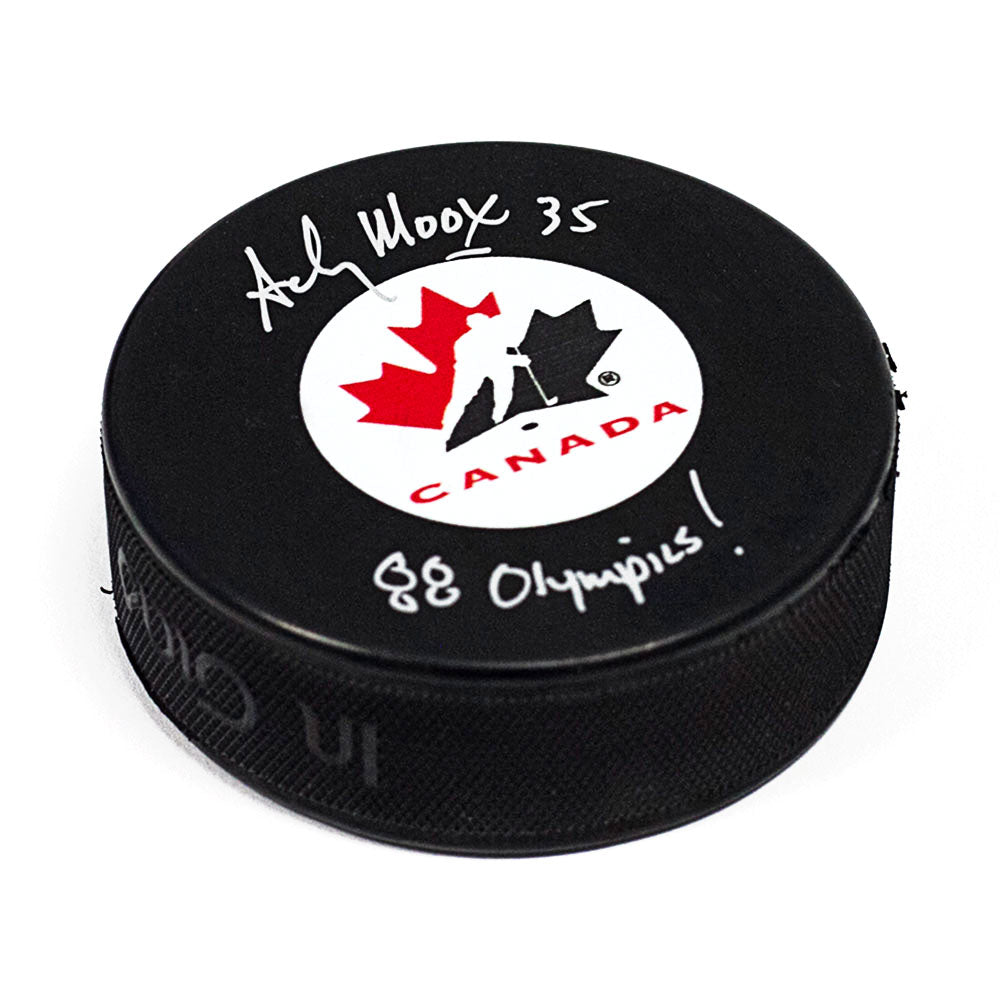Andy Moog Team Canada Autographed Hockey Puck with 88 Olympics Note | AJ Sports.