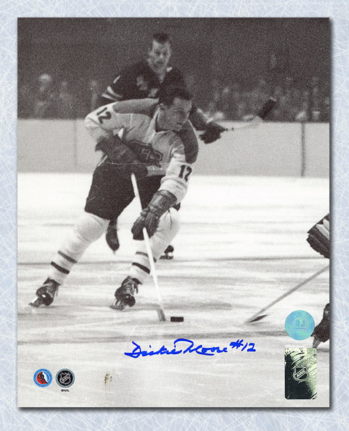 Dickie Moore Montreal Canadiens Signed Black & White Action 8x10 Photo | AJ Sports.