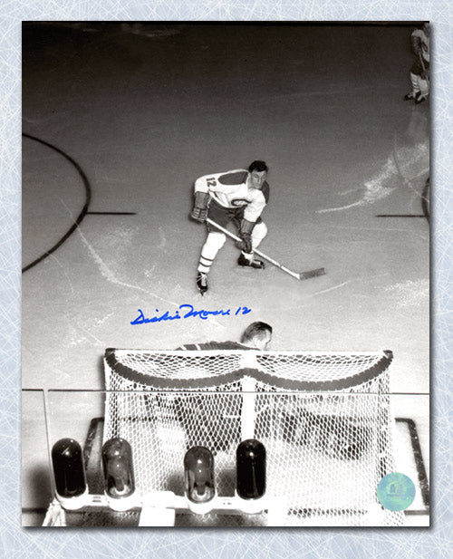 Dickie Moore Montreal Canadiens Autographed Overhead vs Bower 8x10 Photo | AJ Sports.