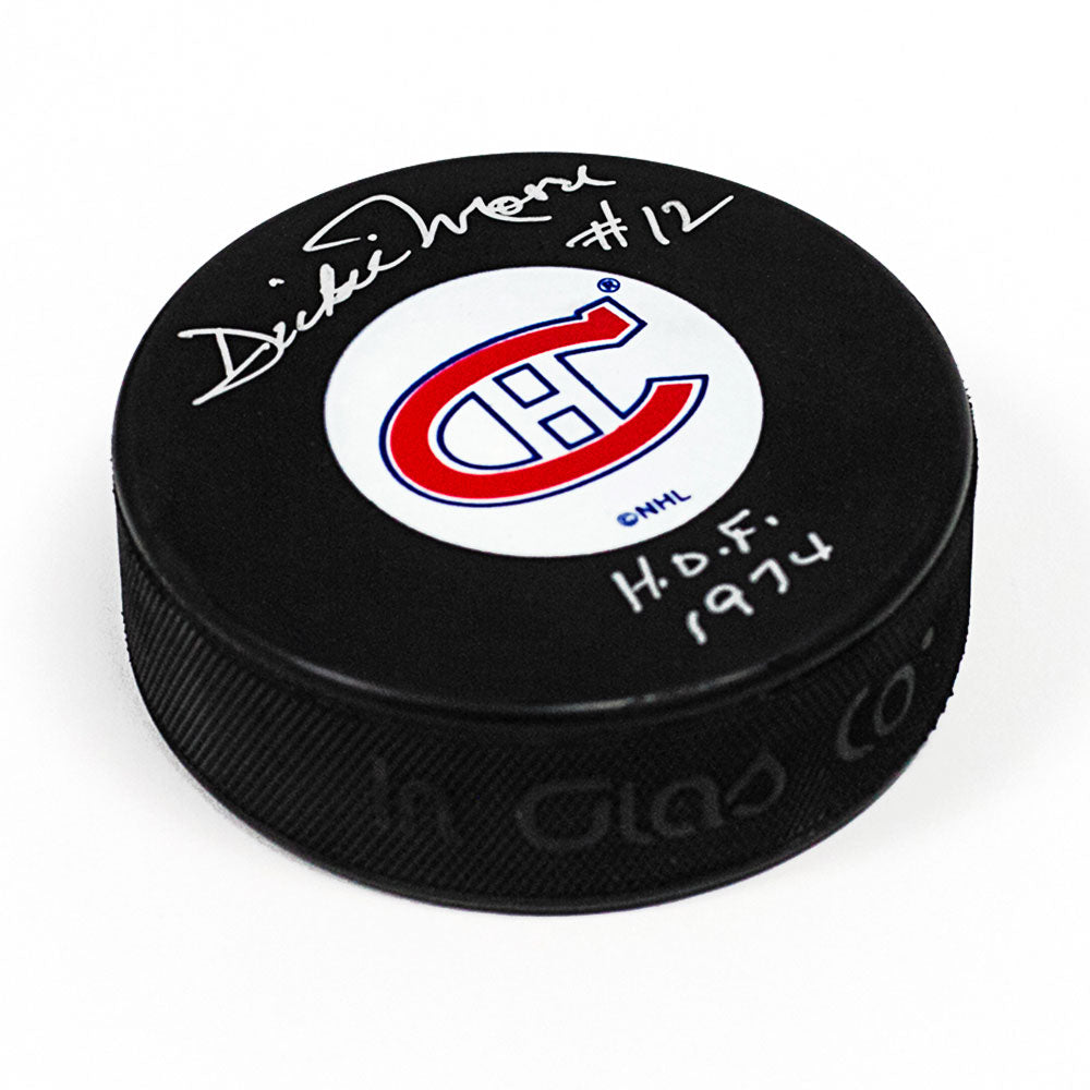 Dickie Moore Montreal Canadiens Autographed Puck with HOF Inscription | AJ Sports.