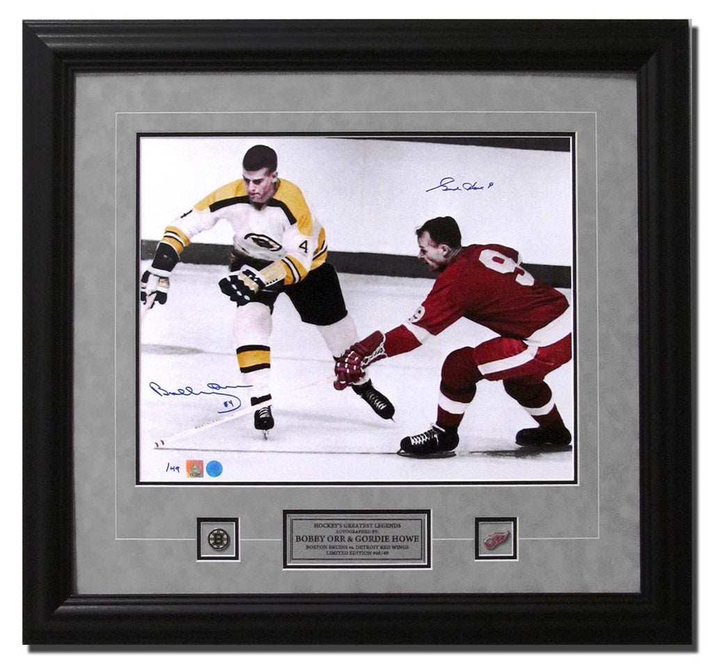Bobby Orr & Gordie Howe Dual Signed Spotlight Hockey Immortals 26x32 Frame #/49 | AJ Sports.