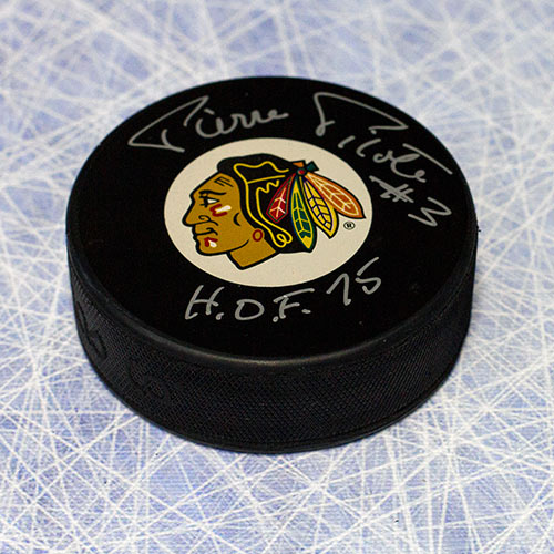 Pierre Pilote Chicago Blackhawks Autographed Hockey Puck with HOF Note | AJ Sports.