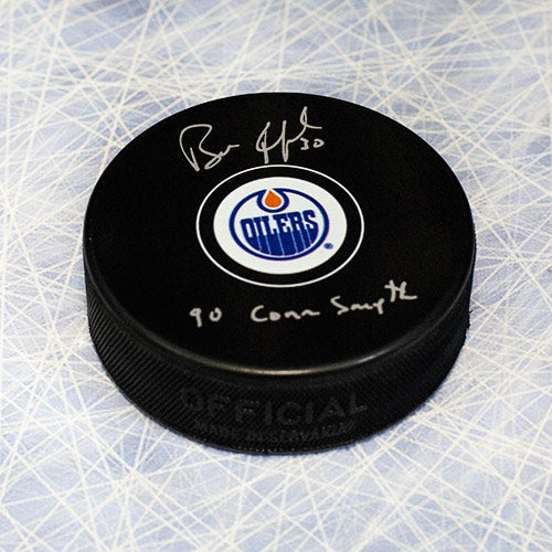 Bill Ranford Edmonton Oilers Autographed Hockey Puck with 90 Conn Smythe note | AJ Sports.