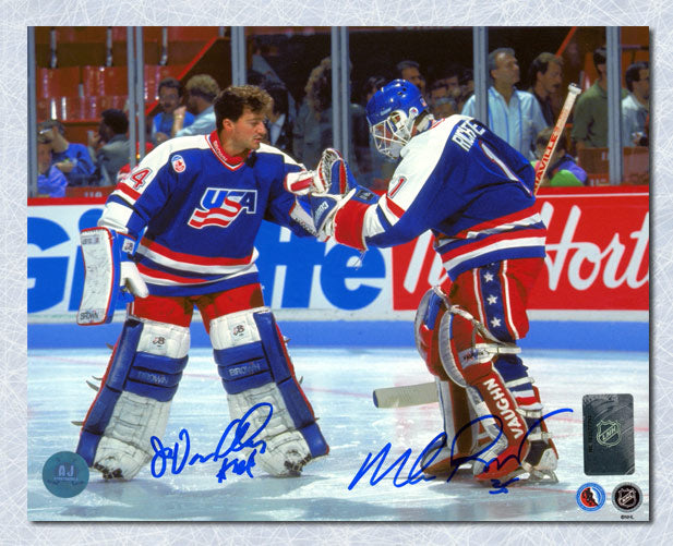 Mike Richter & Vanbiesbrouck USA Hockey Dual Signed American Goalie 8x10 Photo | AJ Sports.