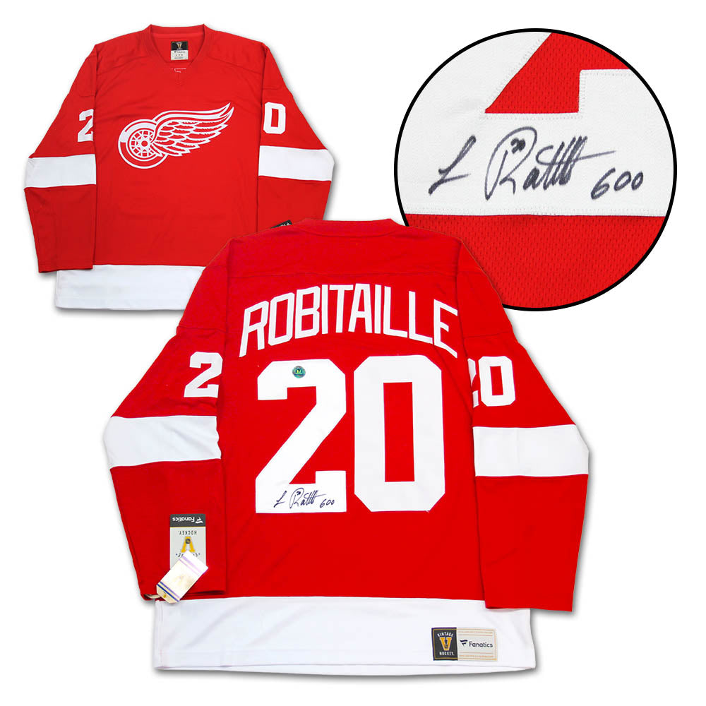 Luc Robitaille Detroit Red Wings Signed 600 Goal Vintage Fanatics Jersey | AJ Sports.