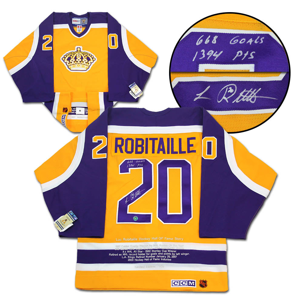 Luc Robitaille LA Kings Signed & Inscribed Career Stats Vintage CCM Jersey #/20 | AJ Sports.