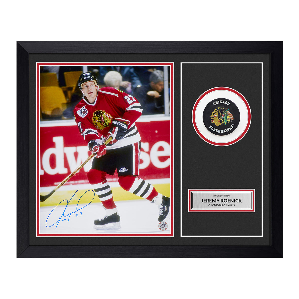 AJ Sports | Jeremy Roenick Signed Chicago Blackhawks Puck Logo 19x23 Frame