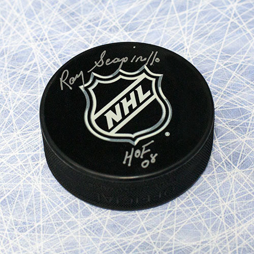 Ray Scapinello NHL Shield Logo Signed Hockey Puck with HOF Note | AJ Sports.