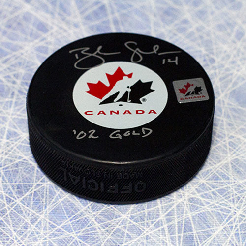 Brendan Shanahan Team Canada Autographed Olympic Hockey Puck with 2002 Gold Note | AJ Sports.