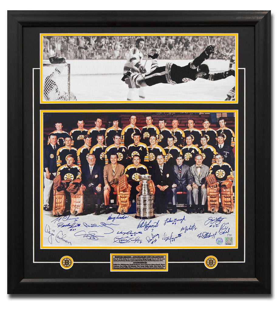 1970 Boston Bruins Stanley Cup 16 Player Team Signed Bobby Orr Goal 26x32 Frame | AJ Sports.