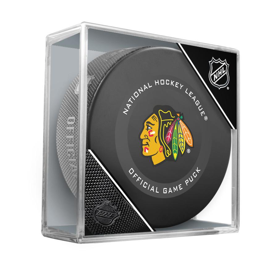Chicago Blackhawks Official NHL Game Model Puck In Display Case | AJ Sports.