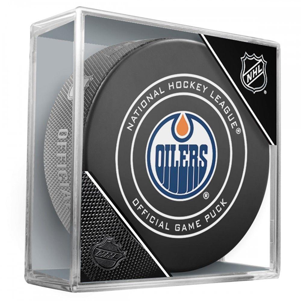 Edmonton Oilers Official NHL Game Model Puck In Display Case | AJ Sports.