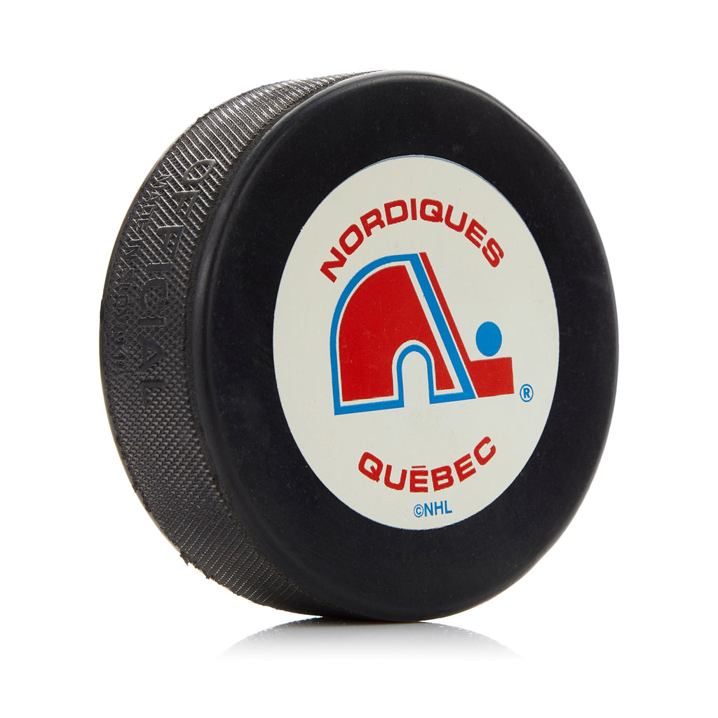 Quebec Nordiques Large Logo Autograph Model & Name Souvenir Hockey Puck | AJ Sports.
