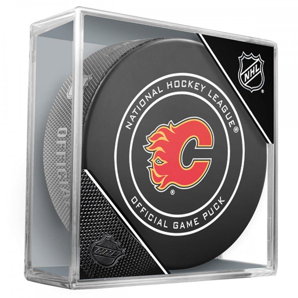 Calgary Flames Official NHL Game Model Puck In Display Case | AJ Sports.