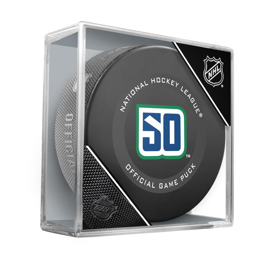 Vancouver Canucks 50th Anniversary Official NHL Game Model Puck In Display Case | AJ Sports.